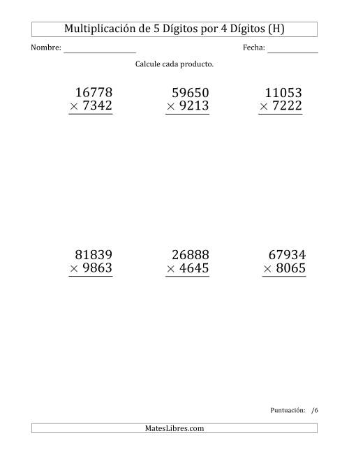La hoja de ejercicios de Multiplicar Números de 5 Dígitos por 4 Dígitos (Formato Grande) (H)