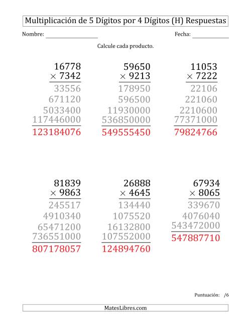 La hoja de ejercicios de Multiplicar Números de 5 Dígitos por 4 Dígitos (Formato Grande) (H) Página 2