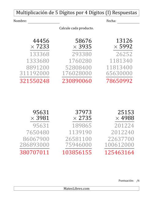 La hoja de ejercicios de Multiplicar Números de 5 Dígitos por 4 Dígitos (Formato Grande) (I) Página 2