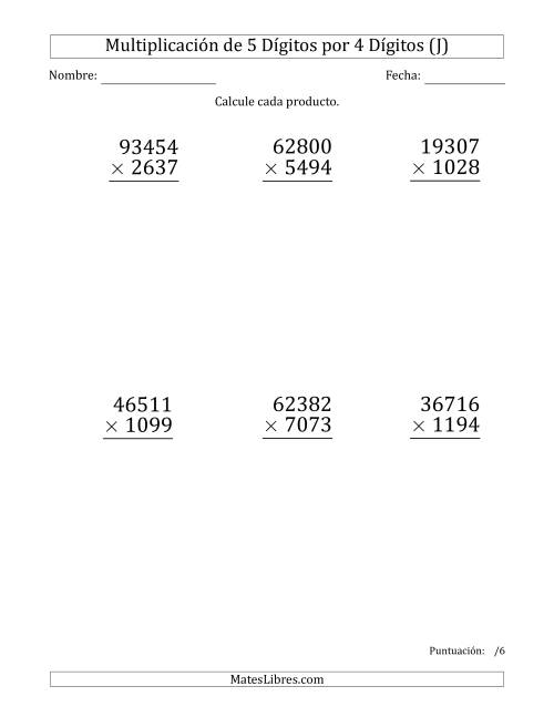 La hoja de ejercicios de Multiplicar Números de 5 Dígitos por 4 Dígitos (Formato Grande) (J)