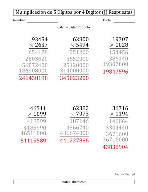 La hoja de ejercicios de Multiplicar Números de 5 Dígitos por 4 Dígitos (Formato Grande) (J) Página 2