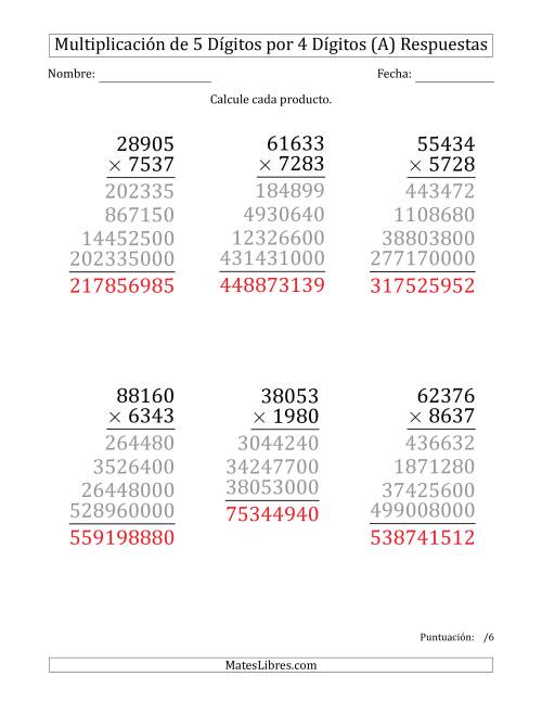 La hoja de ejercicios de Multiplicar Números de 5 Dígitos por 4 Dígitos (Formato Grande) (Todas) Página 2