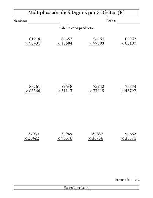 La hoja de ejercicios de Multiplicar Números de 5 Dígitos por 5 Dígitos (B)