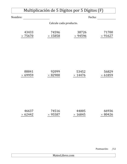 La hoja de ejercicios de Multiplicar Números de 5 Dígitos por 5 Dígitos (F)