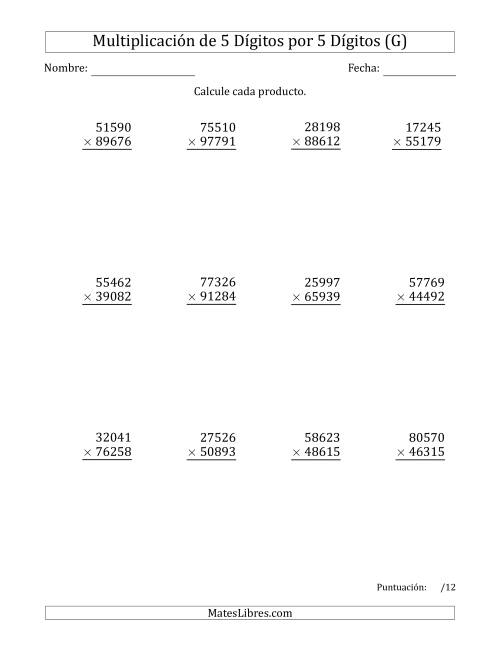 La hoja de ejercicios de Multiplicar Números de 5 Dígitos por 5 Dígitos (G)
