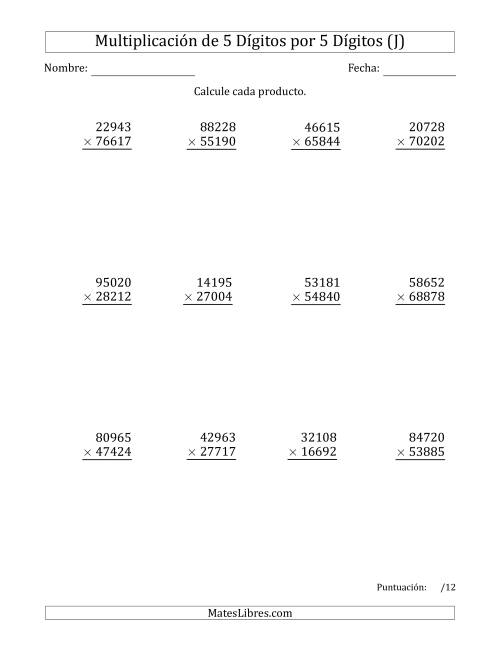 La hoja de ejercicios de Multiplicar Números de 5 Dígitos por 5 Dígitos (J)