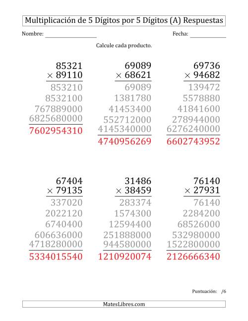 La hoja de ejercicios de Multiplicar Números de 5 Dígitos por 5 Dígitos (Formato Grande) (A) Página 2