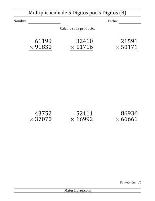 La hoja de ejercicios de Multiplicar Números de 5 Dígitos por 5 Dígitos (Formato Grande) (B)