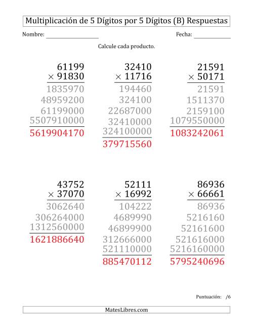 La hoja de ejercicios de Multiplicar Números de 5 Dígitos por 5 Dígitos (Formato Grande) (B) Página 2