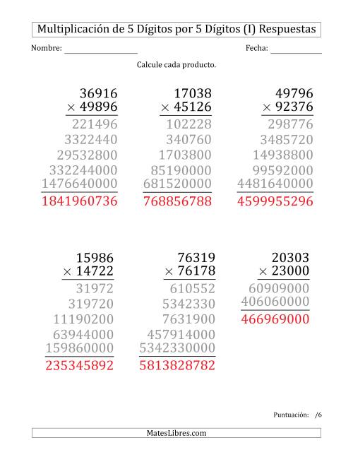 La hoja de ejercicios de Multiplicar Números de 5 Dígitos por 5 Dígitos (Formato Grande) (I) Página 2