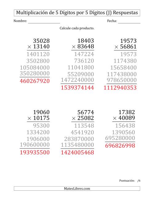 La hoja de ejercicios de Multiplicar Números de 5 Dígitos por 5 Dígitos (Formato Grande) (J) Página 2