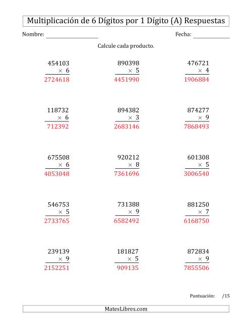 La hoja de ejercicios de Multiplicar Números de 6 Dígitos por 1 Dígito (A) Página 2