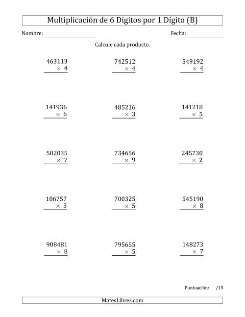 La hoja de ejercicios de Multiplicar Números de 6 Dígitos por 1 Dígito (B)