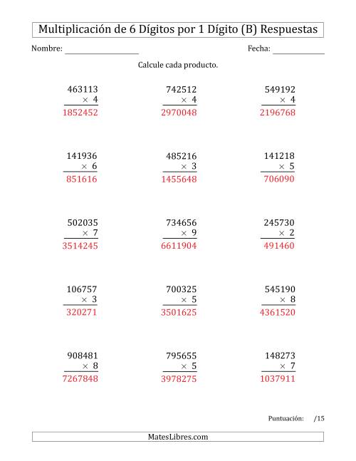 La hoja de ejercicios de Multiplicar Números de 6 Dígitos por 1 Dígito (B) Página 2