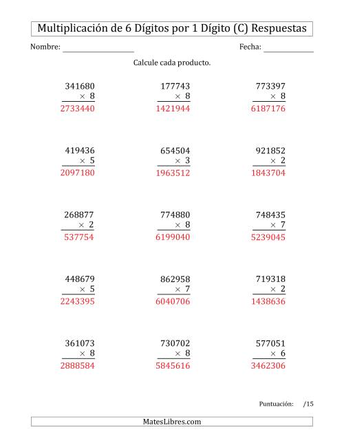 La hoja de ejercicios de Multiplicar Números de 6 Dígitos por 1 Dígito (C) Página 2