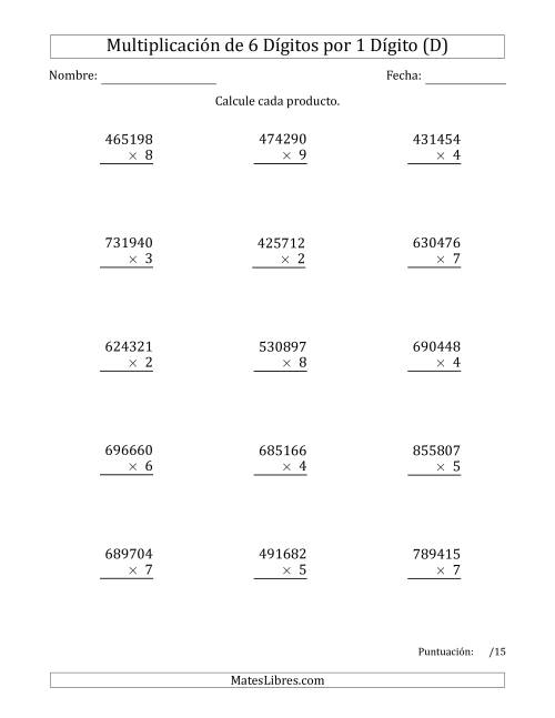 La hoja de ejercicios de Multiplicar Números de 6 Dígitos por 1 Dígito (D)
