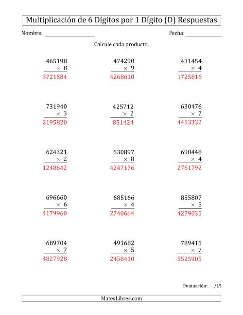 La hoja de ejercicios de Multiplicar Números de 6 Dígitos por 1 Dígito (D) Página 2