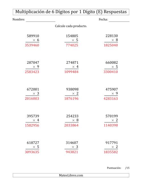 La hoja de ejercicios de Multiplicar Números de 6 Dígitos por 1 Dígito (E) Página 2