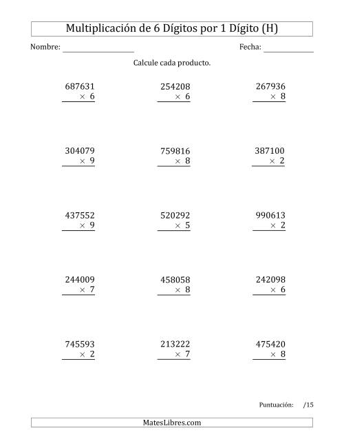 La hoja de ejercicios de Multiplicar Números de 6 Dígitos por 1 Dígito (H)