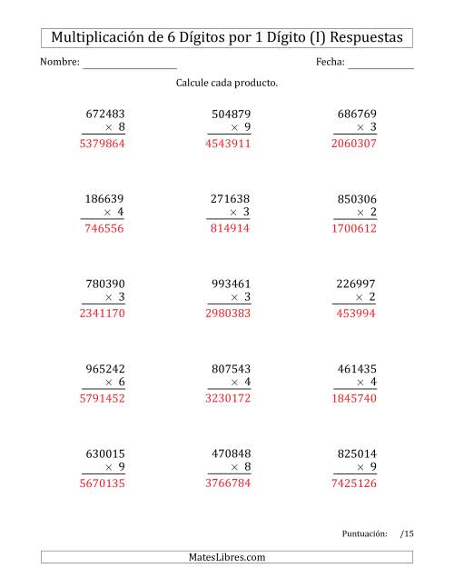 La hoja de ejercicios de Multiplicar Números de 6 Dígitos por 1 Dígito (I) Página 2