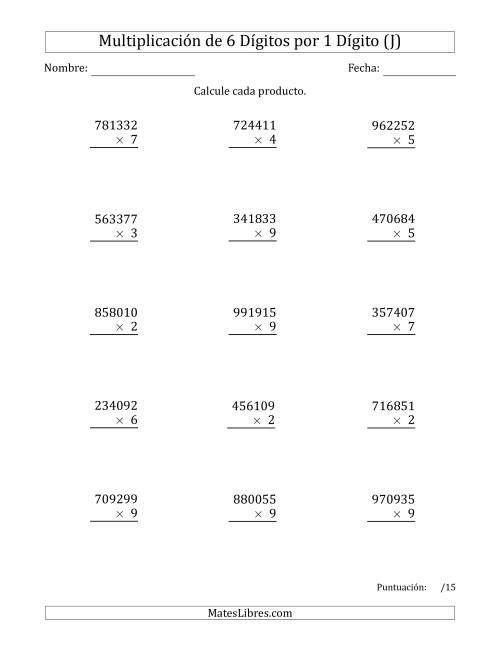 La hoja de ejercicios de Multiplicar Números de 6 Dígitos por 1 Dígito (J)