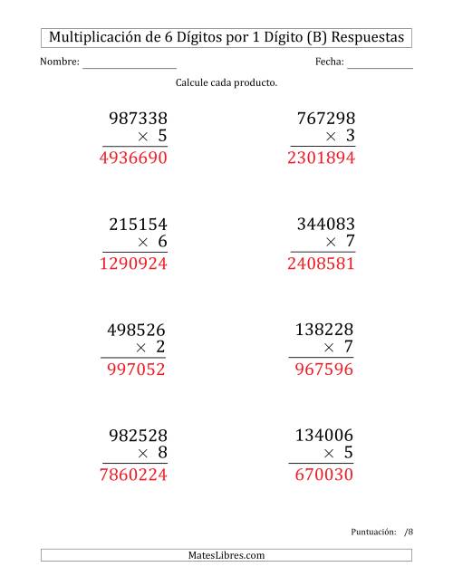 La hoja de ejercicios de Multiplicar Números de 6 Dígitos por 1 Dígito (Formato Grande) (B) Página 2