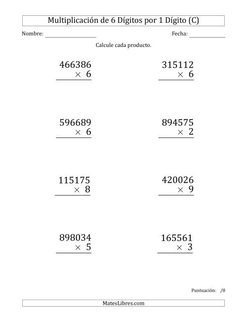 La hoja de ejercicios de Multiplicar Números de 6 Dígitos por 1 Dígito (Formato Grande) (C)