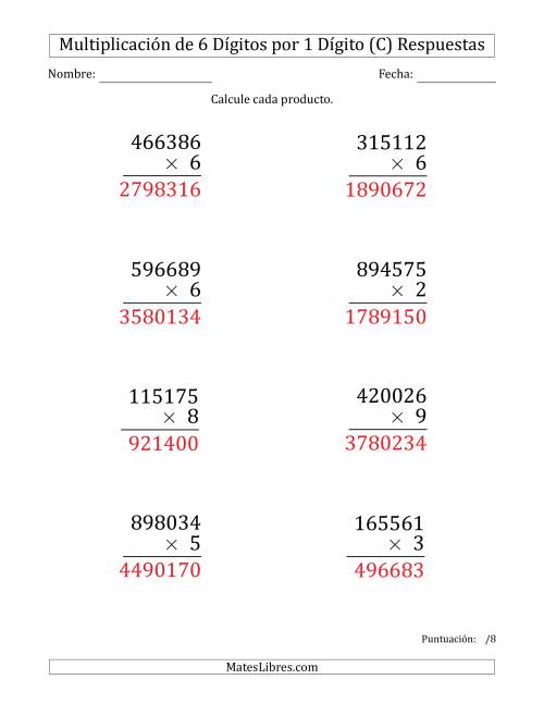 La hoja de ejercicios de Multiplicar Números de 6 Dígitos por 1 Dígito (Formato Grande) (C) Página 2