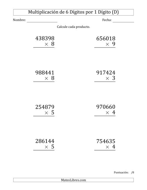 La hoja de ejercicios de Multiplicar Números de 6 Dígitos por 1 Dígito (Formato Grande) (D)