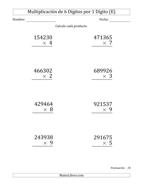 La hoja de ejercicios de Multiplicar Números de 6 Dígitos por 1 Dígito (Formato Grande) (E)