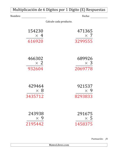 La hoja de ejercicios de Multiplicar Números de 6 Dígitos por 1 Dígito (Formato Grande) (E) Página 2