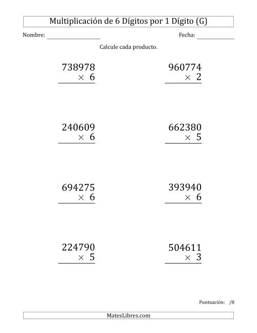 La hoja de ejercicios de Multiplicar Números de 6 Dígitos por 1 Dígito (Formato Grande) (G)
