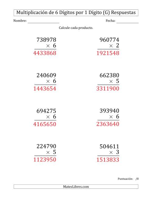 La hoja de ejercicios de Multiplicar Números de 6 Dígitos por 1 Dígito (Formato Grande) (G) Página 2