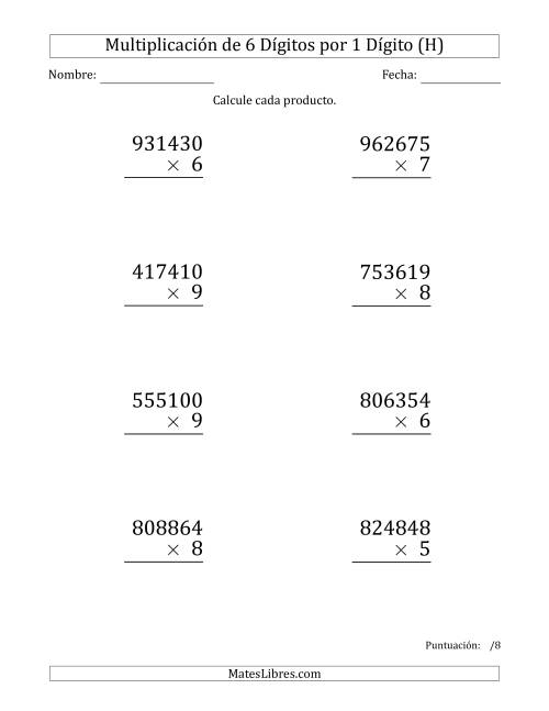 La hoja de ejercicios de Multiplicar Números de 6 Dígitos por 1 Dígito (Formato Grande) (H)