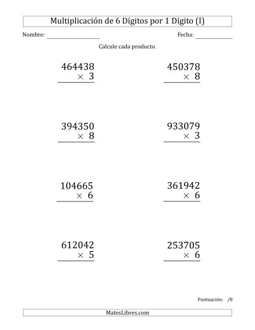 La hoja de ejercicios de Multiplicar Números de 6 Dígitos por 1 Dígito (Formato Grande) (I)