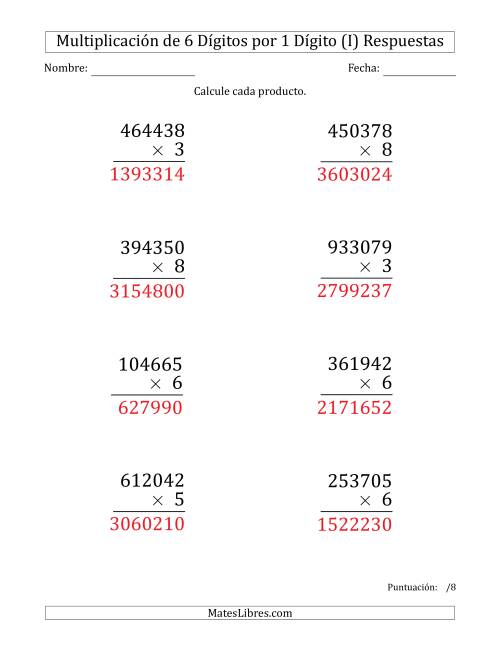 La hoja de ejercicios de Multiplicar Números de 6 Dígitos por 1 Dígito (Formato Grande) (I) Página 2
