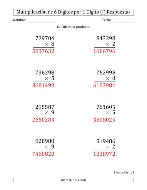 La hoja de ejercicios de Multiplicar Números de 6 Dígitos por 1 Dígito (Formato Grande) (J) Página 2