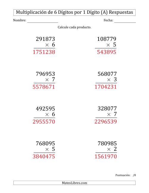 La hoja de ejercicios de Multiplicar Números de 6 Dígitos por 1 Dígito (Formato Grande) (Todas) Página 2