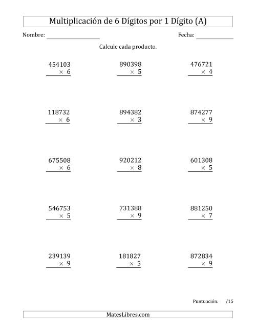 La hoja de ejercicios de Multiplicar Números de 6 Dígitos por 1 Dígito (Todas)