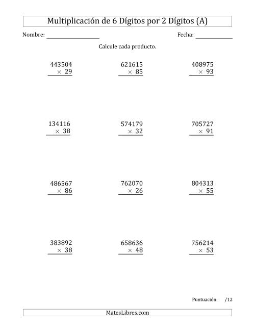 La hoja de ejercicios de Multiplicar Números de 6 Dígitos por 2 Dígitos (A)