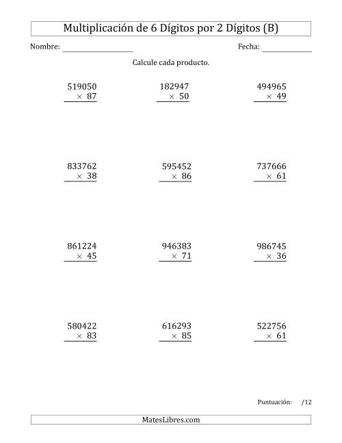 La hoja de ejercicios de Multiplicar Números de 6 Dígitos por 2 Dígitos (B)