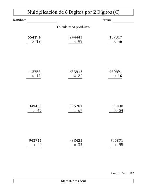 La hoja de ejercicios de Multiplicar Números de 6 Dígitos por 2 Dígitos (C)