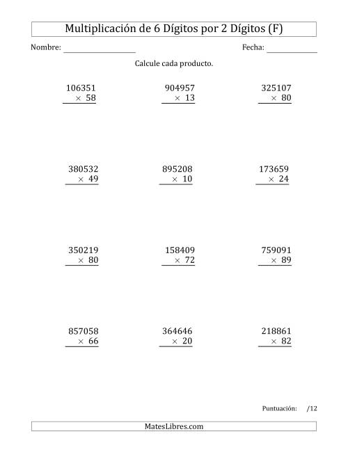 La hoja de ejercicios de Multiplicar Números de 6 Dígitos por 2 Dígitos (F)