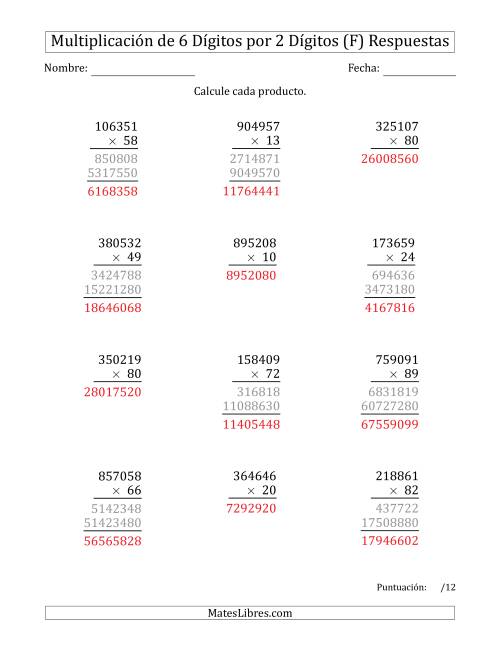 La hoja de ejercicios de Multiplicar Números de 6 Dígitos por 2 Dígitos (F) Página 2