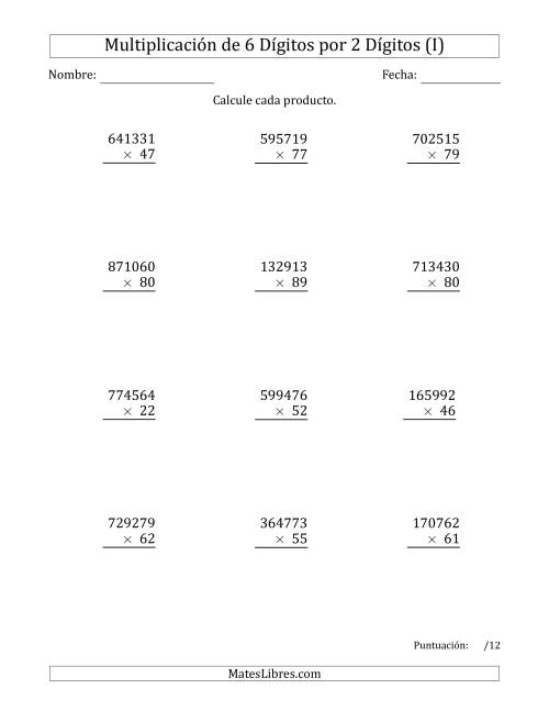 La hoja de ejercicios de Multiplicar Números de 6 Dígitos por 2 Dígitos (I)
