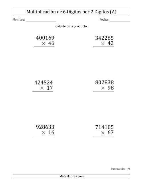 La hoja de ejercicios de Multiplicar Números de 6 Dígitos por 2 Dígitos (Formato Grande) (A)