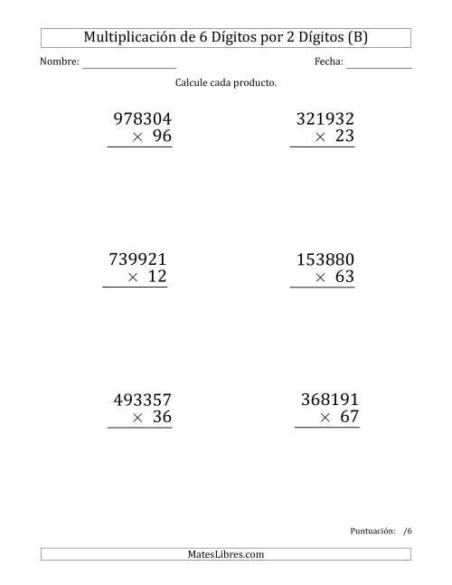 La hoja de ejercicios de Multiplicar Números de 6 Dígitos por 2 Dígitos (Formato Grande) (B)
