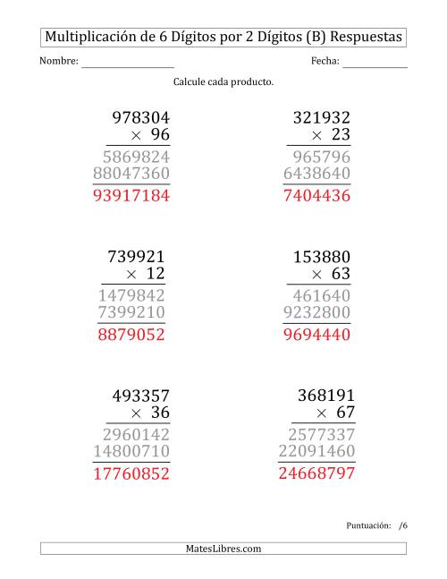 La hoja de ejercicios de Multiplicar Números de 6 Dígitos por 2 Dígitos (Formato Grande) (B) Página 2