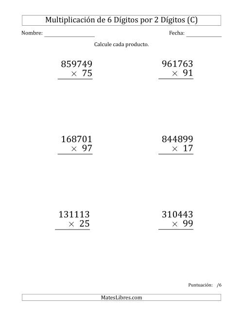 La hoja de ejercicios de Multiplicar Números de 6 Dígitos por 2 Dígitos (Formato Grande) (C)