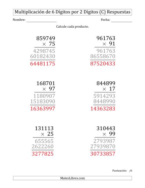 La hoja de ejercicios de Multiplicar Números de 6 Dígitos por 2 Dígitos (Formato Grande) (C) Página 2